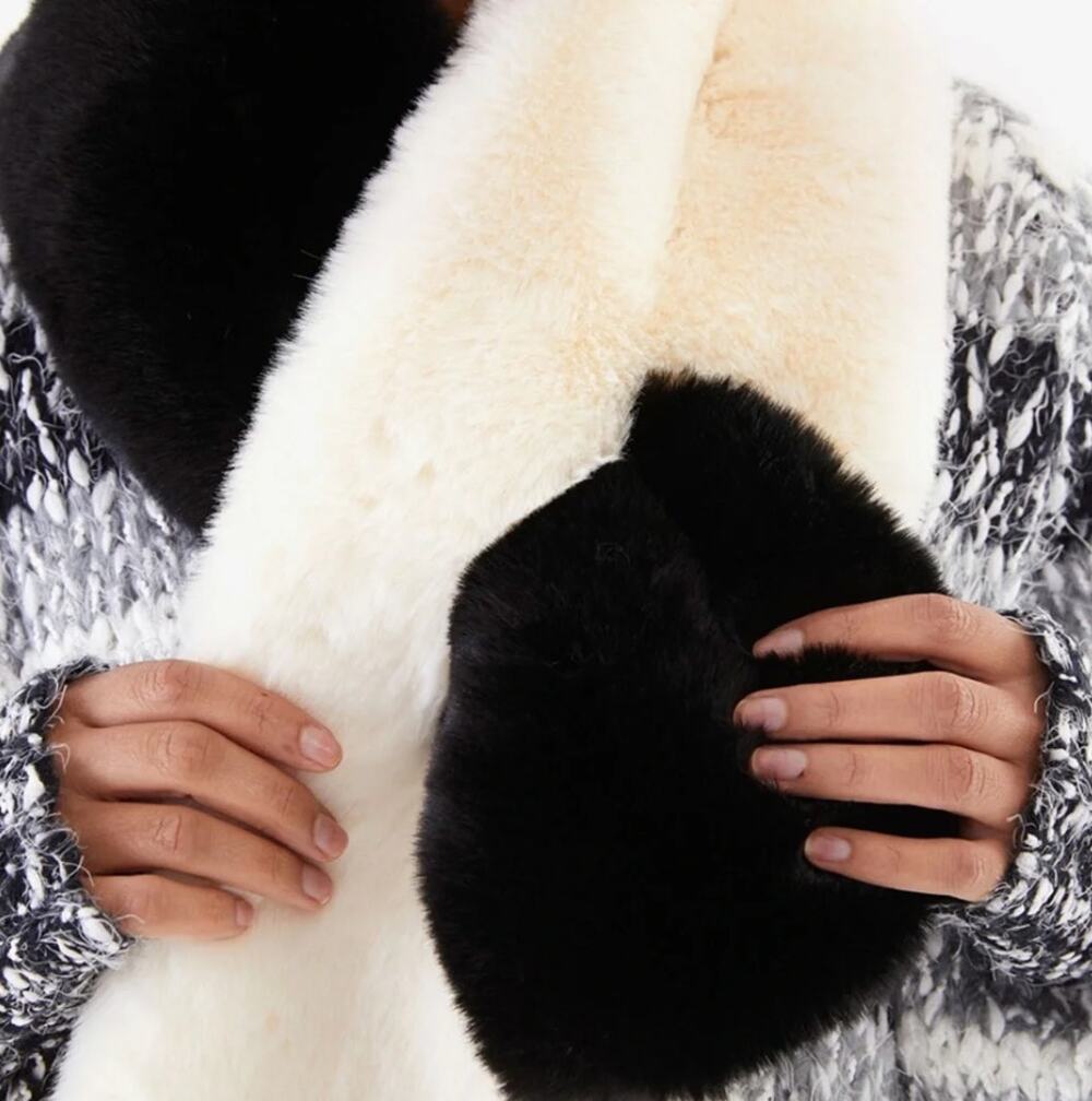 Apparis Faux Fur Stole Black White Colorblock Rectangle 46" Two Tone Scarf ONLY